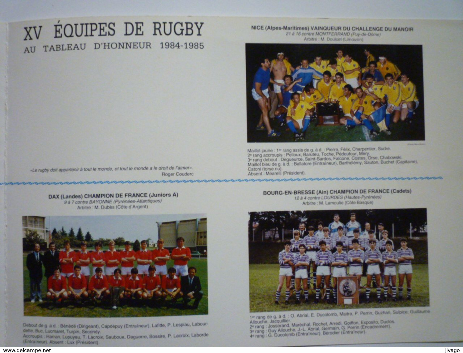 2021 - 281  XV EQUIPES DE RUGBY  Au Tableau D'honneur 1984 - 1985    XXX - Rugby