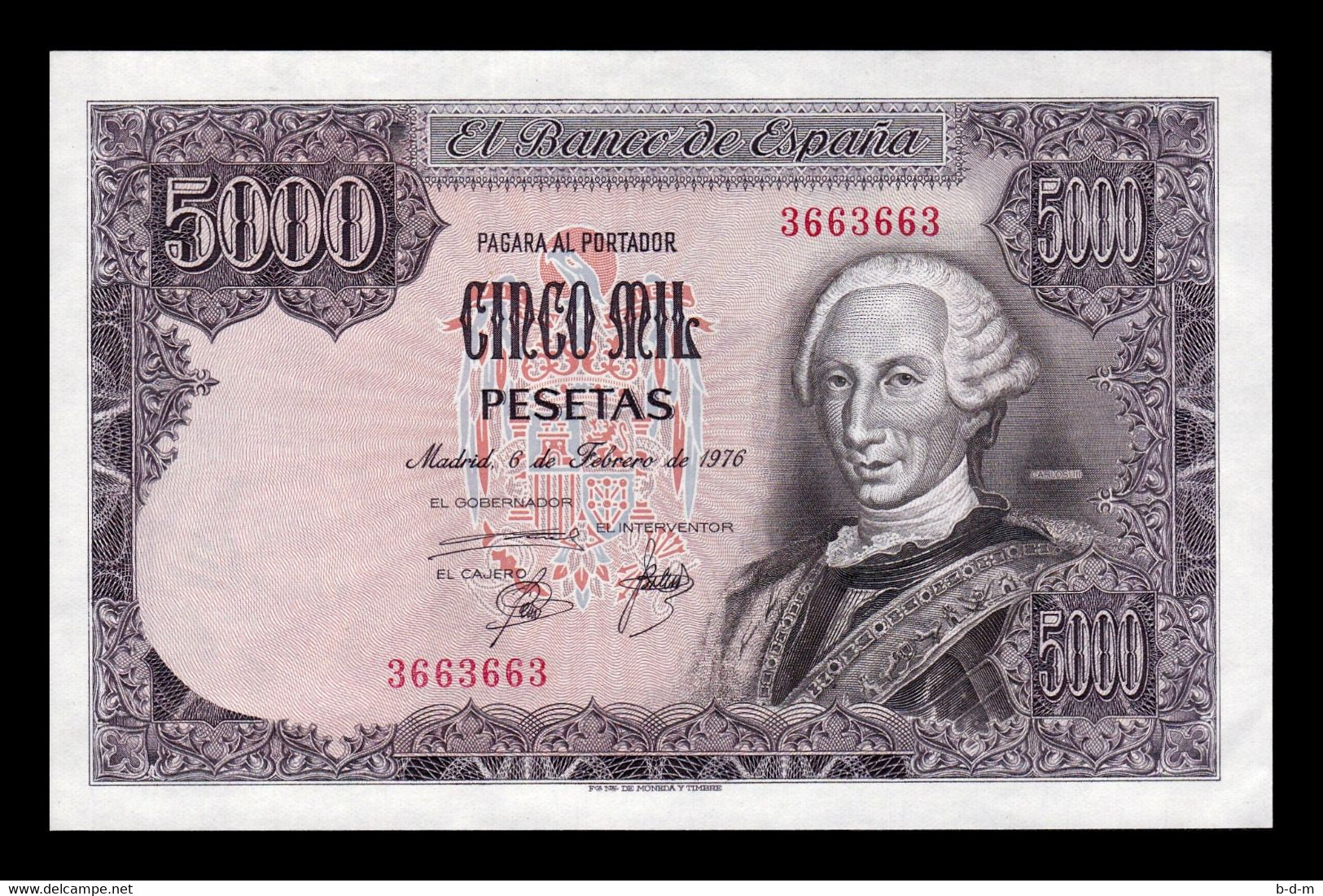 España Spain 5000 Pesetas Carlos III 1976 Pick 155 Sin Serie Capicua SC UNC - [ 4] 1975-… : Juan Carlos I