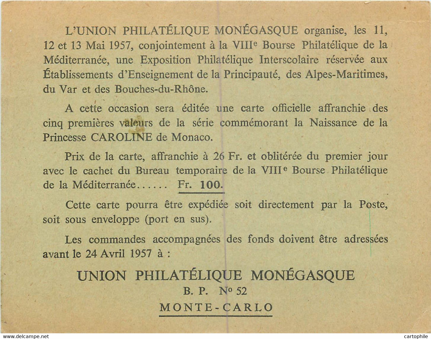 CP De L'Office Des Emissions De TP De La Principauté De Monaco 1957 - Briefe U. Dokumente