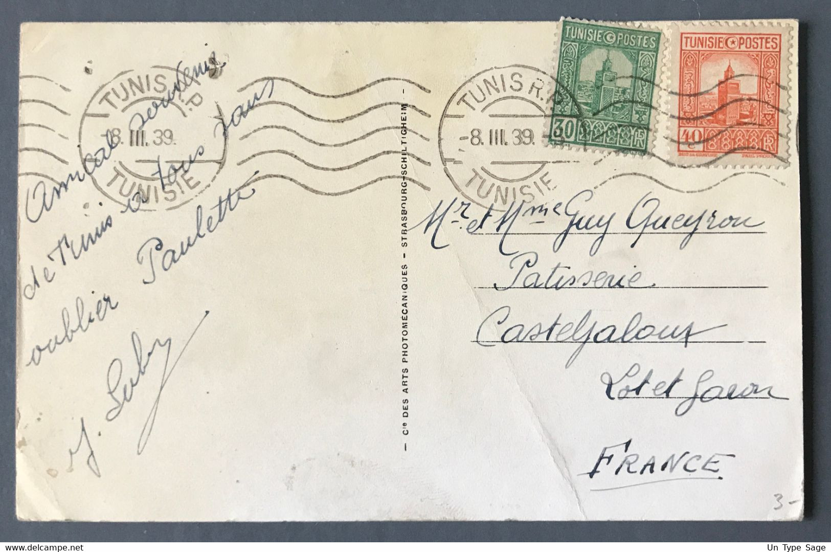 Tunisie, CPA Pour La France 8.3.1939 - (B531) - Lettres & Documents