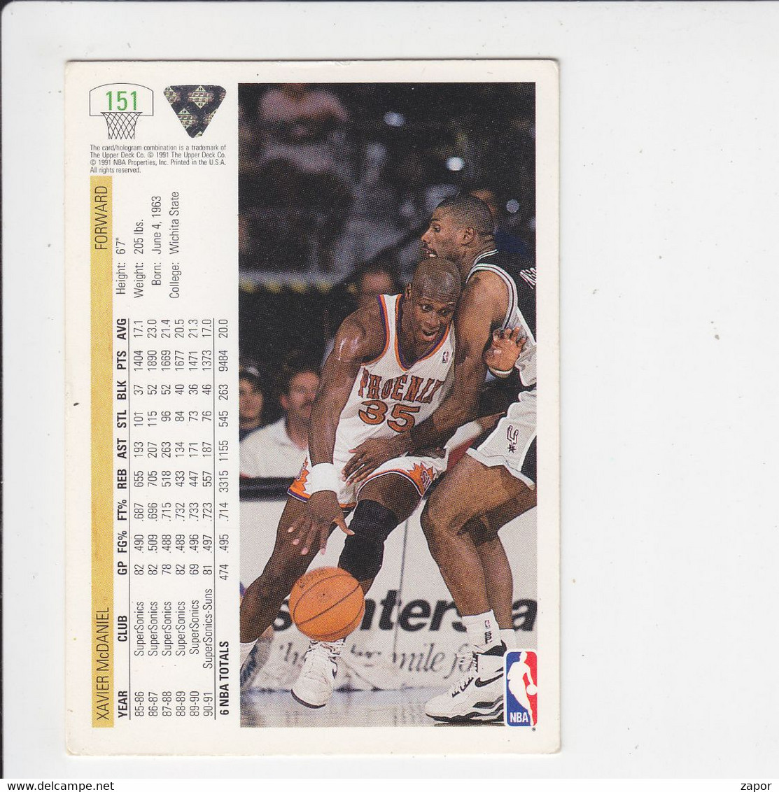 Basket NBA Upper Deck 1991 - SuperSonics Suns - Xavier McDaniel - N° 151 - 1990-1999