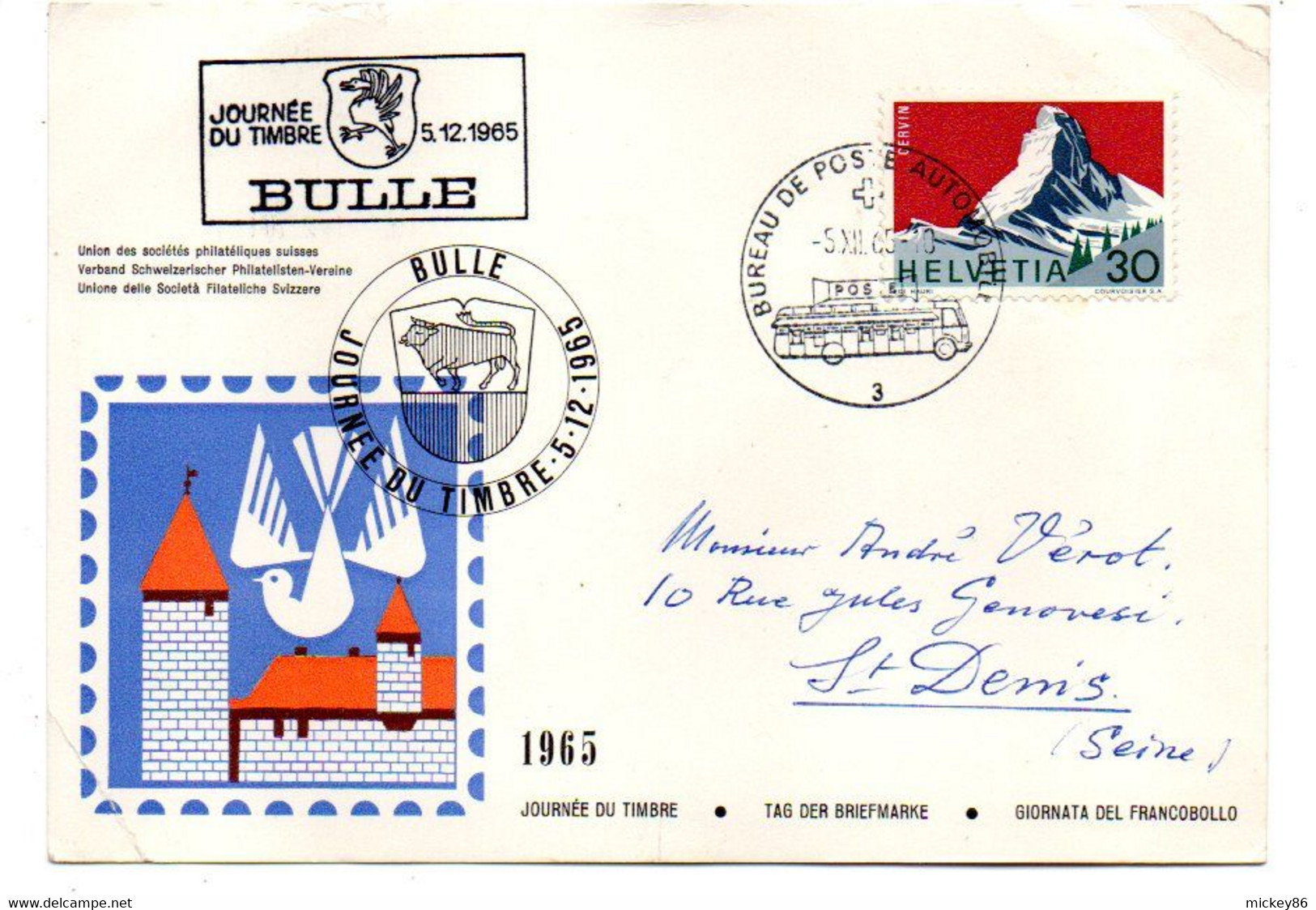 Suisse--1965--BULLE--Journée Du Timbre--CP De Bulle Pour St Denis (France)...à Saisir - Covers & Documents