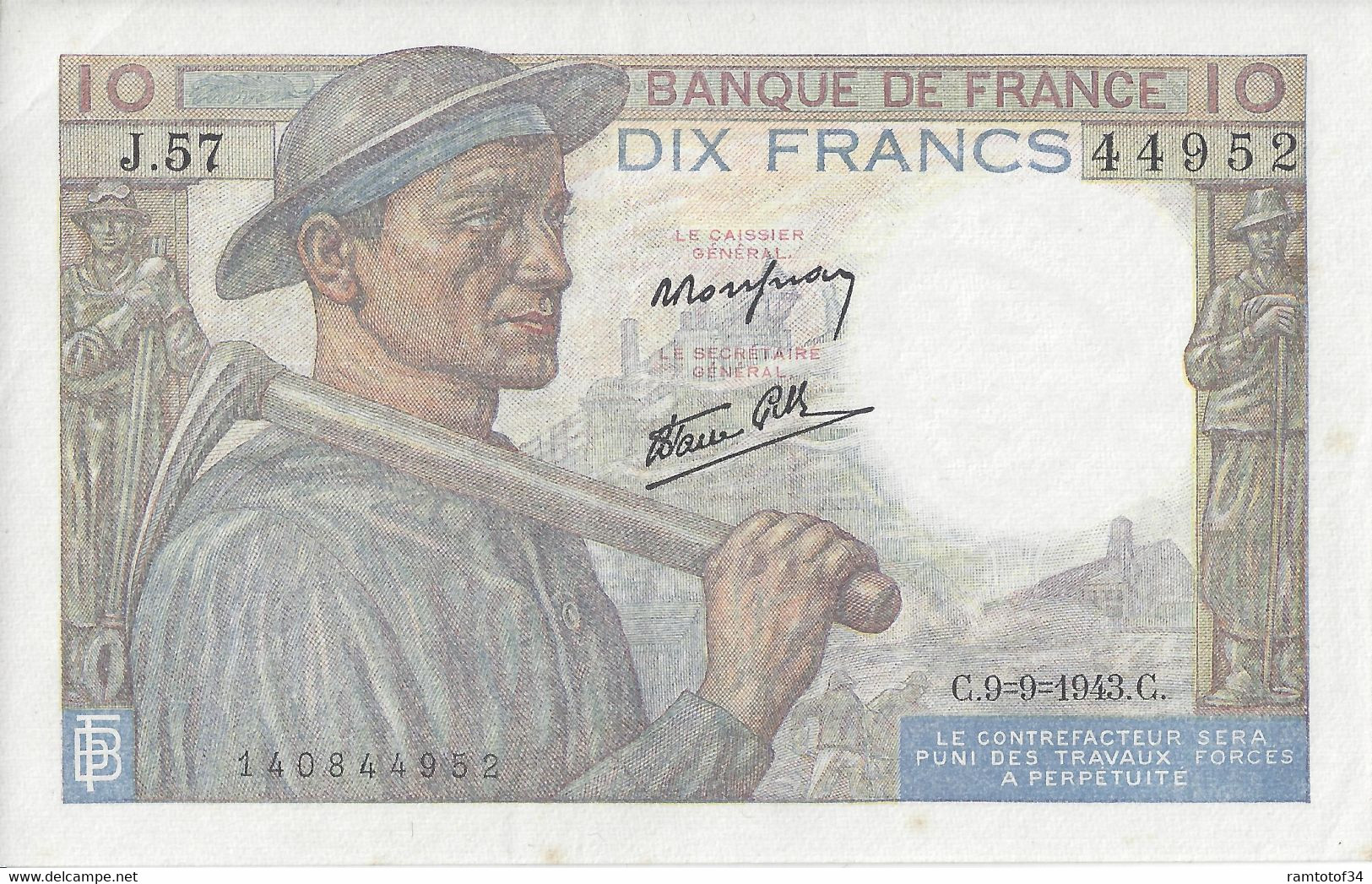 FRANCE - 10 Francs Mineur 1943 (C.9=9=1943.C)44952 - 10 F 1941-1949 ''Mineur''