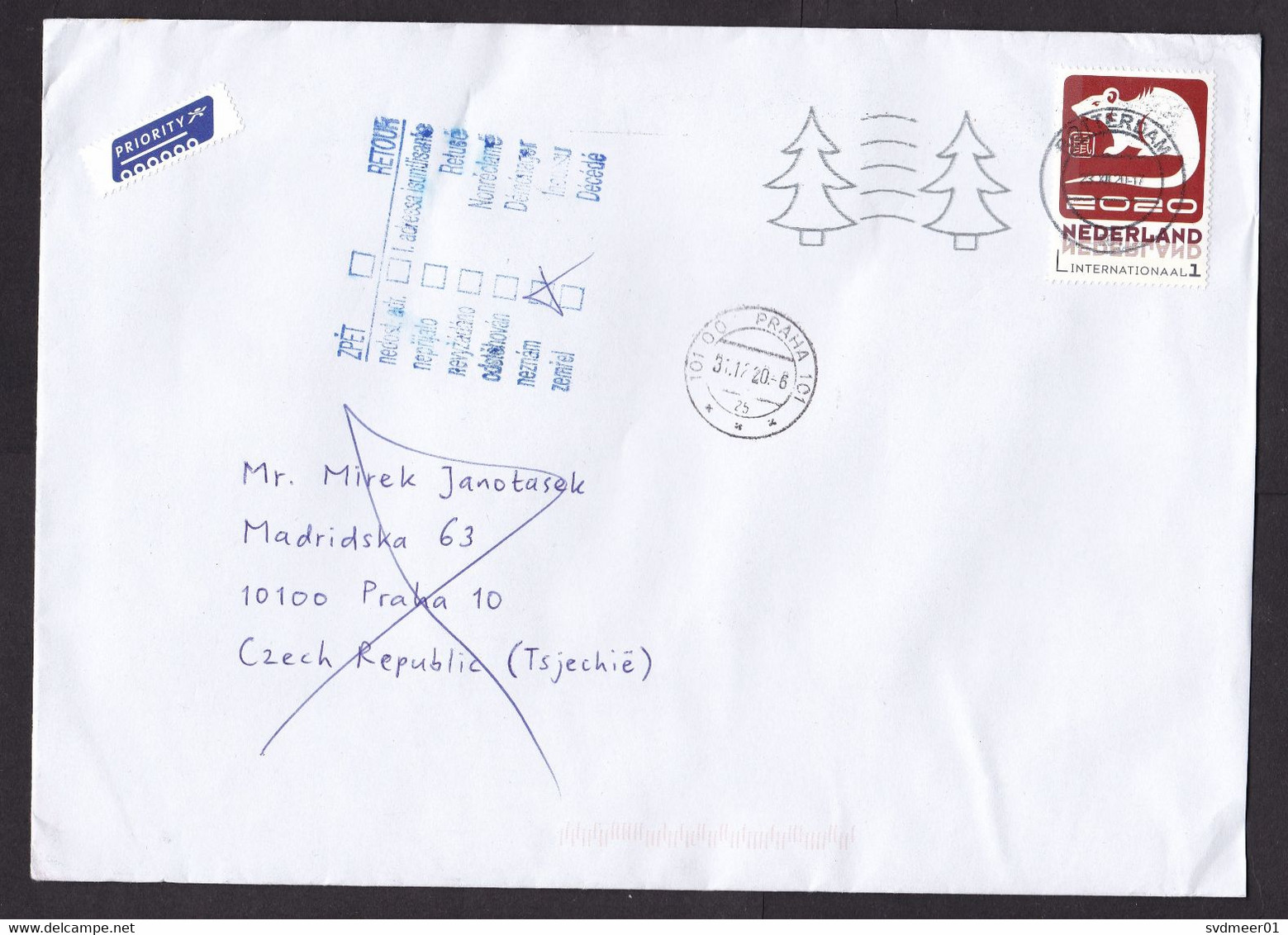 Netherlands: Cover To Czech Republic, 2020, 1 Stamp, Year Of Rat, Returned, Retour, Small Priority Label (minor Creases) - Lettres & Documents