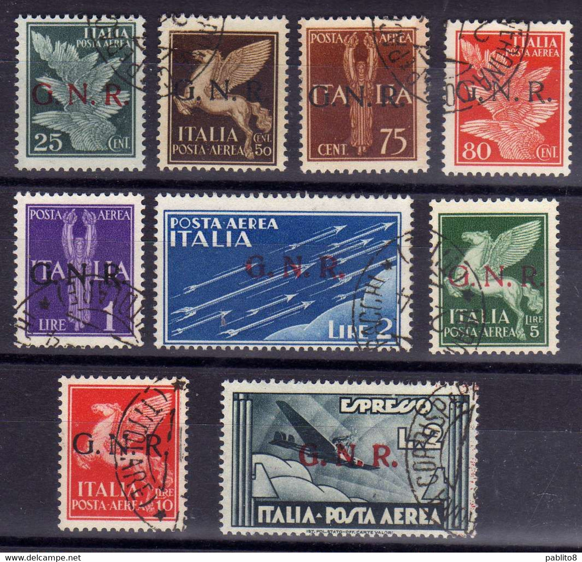 ITALIA REGNO ITALY KINGDOM 1944 RSI GNR G.N.R. POSTA AEREA AIR MAIL SERIE COMPLETA SET USATA USED OBLITERE' CERTIFICATA - Luftpost