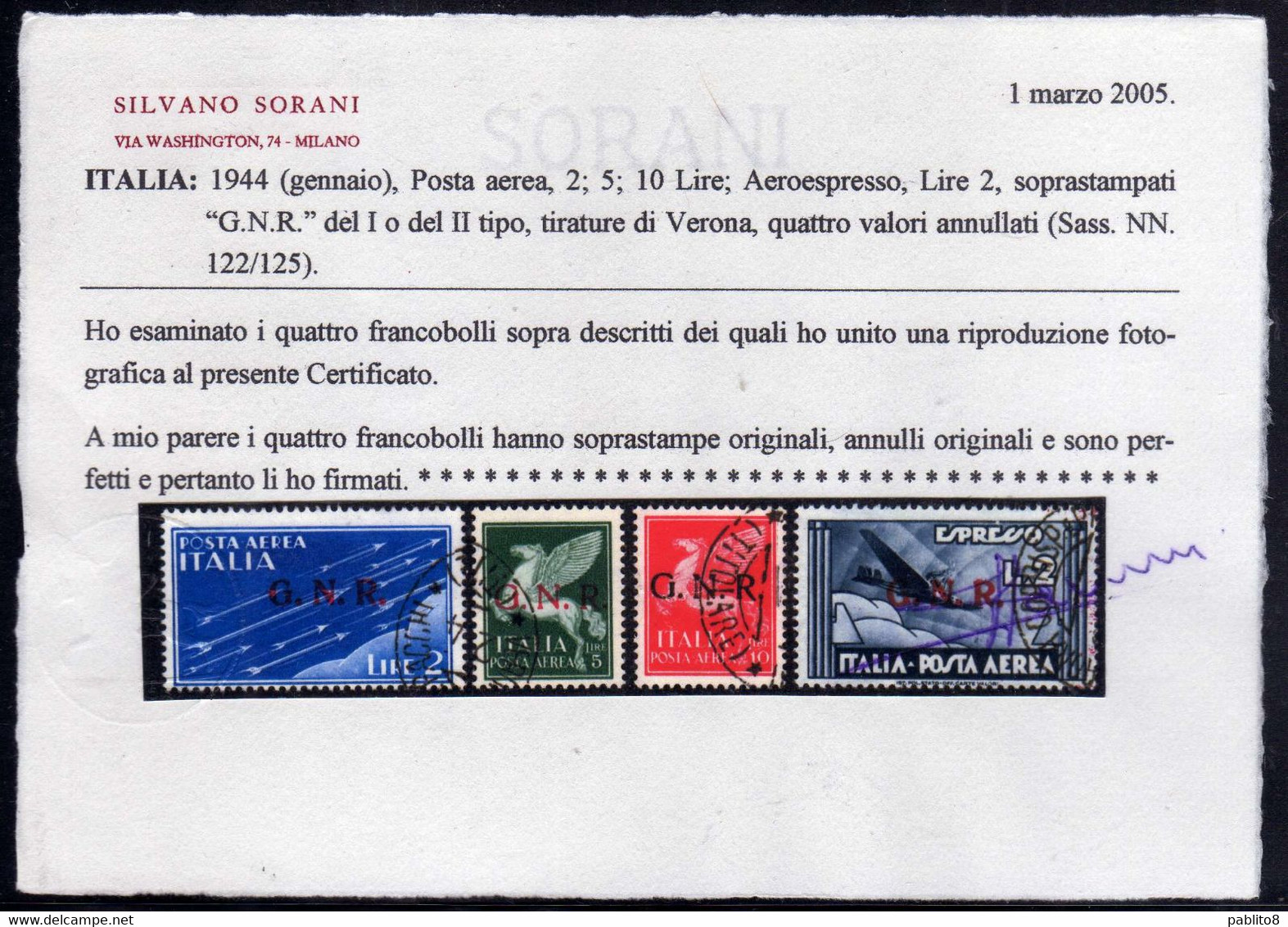 ITALIA REGNO ITALY KINGDOM 1944 RSI GNR G.N.R. POSTA AEREA AIR MAIL SERIE COMPLETA SET USATA USED OBLITERE' CERTIFICATA - Airmail