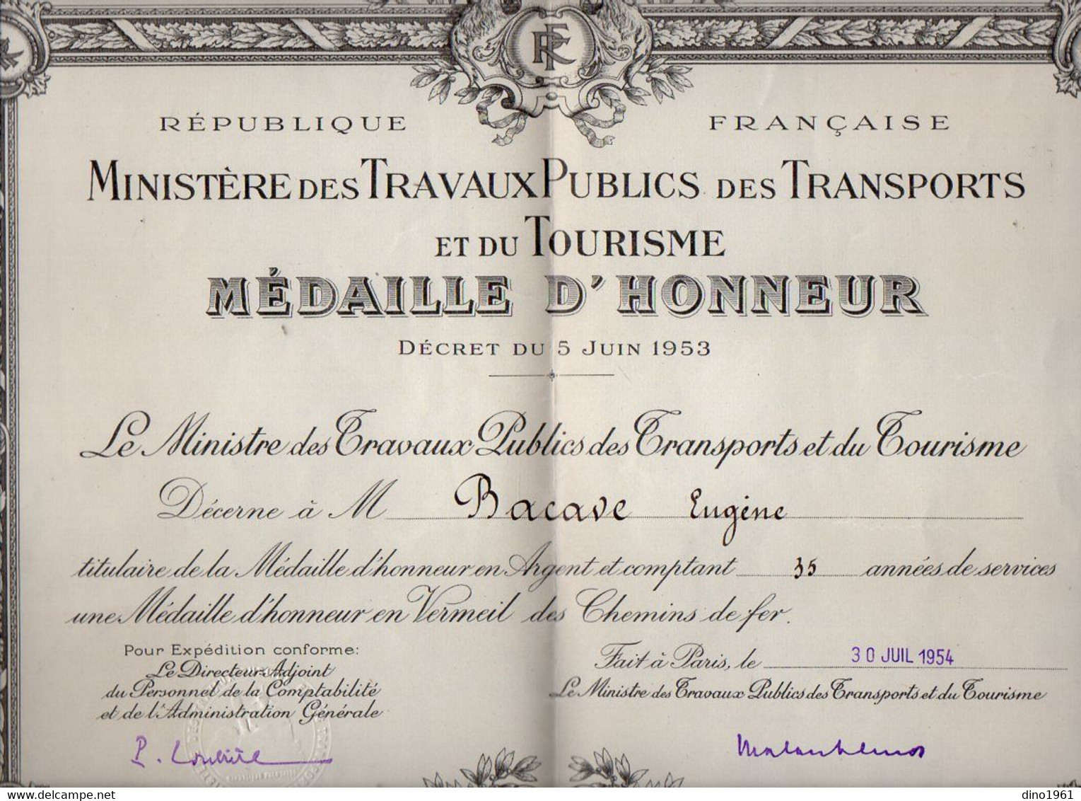 VP17.947- PARIS 1954 / 55 - RF - Lettre & Diplôme - Médaille D'Honneur En Vermeil Des Chemins De Fer - Mr Eugène BACAVE - Diplômes & Bulletins Scolaires