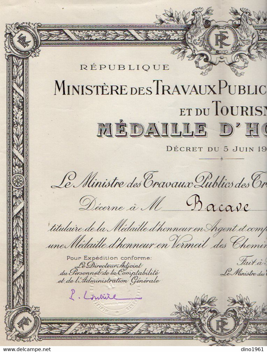 VP17.947- PARIS 1954 / 55 - RF - Lettre & Diplôme - Médaille D'Honneur En Vermeil Des Chemins De Fer - Mr Eugène BACAVE - Diplômes & Bulletins Scolaires