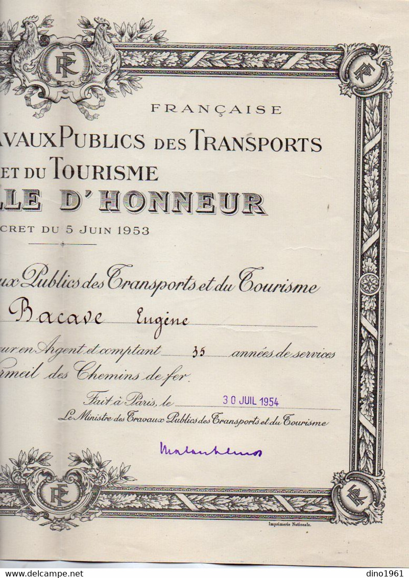 VP17.947- PARIS 1954 / 55 - RF - Lettre & Diplôme - Médaille D'Honneur En Vermeil Des Chemins De Fer - Mr Eugène BACAVE - Diplômes & Bulletins Scolaires