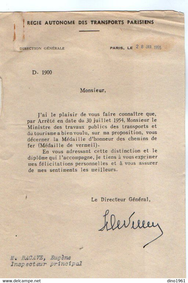 VP17.947- PARIS 1954 / 55 - RF - Lettre & Diplôme - Médaille D'Honneur En Vermeil Des Chemins De Fer - Mr Eugène BACAVE - Diplômes & Bulletins Scolaires