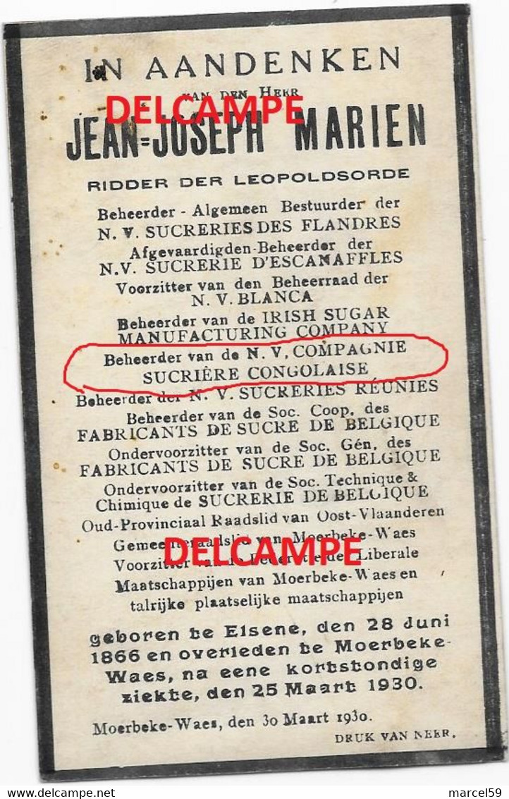 Doodsprentje Jean Marien Elsene 1866 Beheerder SUCRERIES FLANDRES EN Escanaffles CONGO Overleden Moerbeke Waas 1930 - Devotion Images
