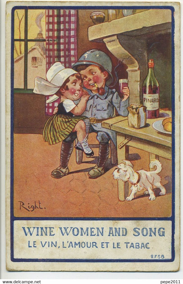 CPA Militaria Illustration RIGHT Wine Women And Son Le Vin L'amour Le Tabac Femme Sur Les Genoux D'un Soldat - Right
