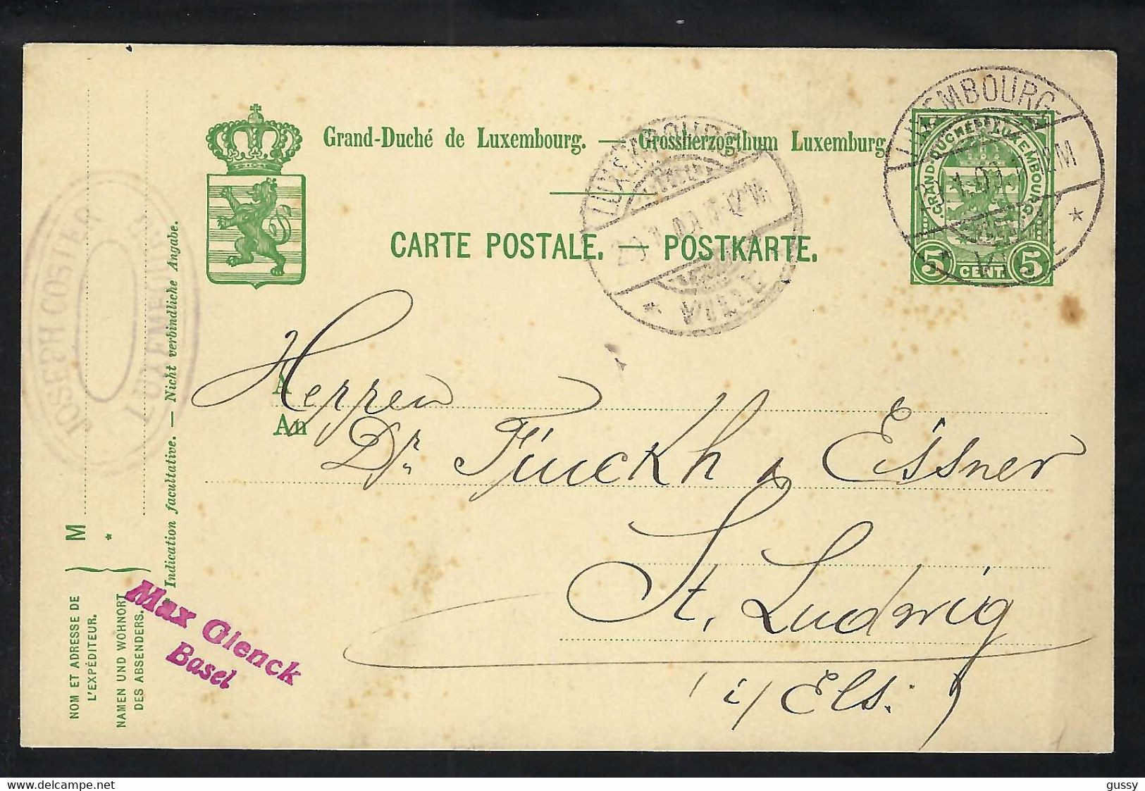 LUXEMBOURG 1909:  CP Entier De 5c De Luxembourg Pour L'Alsace - 1907-24 Ecusson