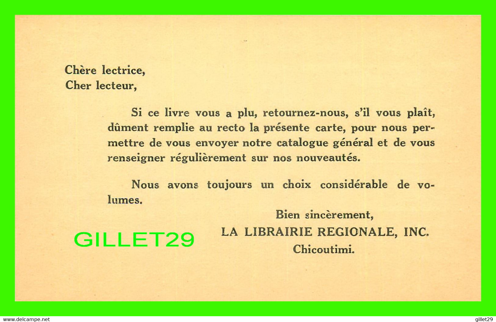 CHICOUTIMI, QUÉBEC - PUBLICITÉ, LA LIBRAIRIE RÉGIONALE INC - DEMANDE POUR VOS PROSPECTUS ET CATALOGUE GÉNÉRAL - - Chicoutimi