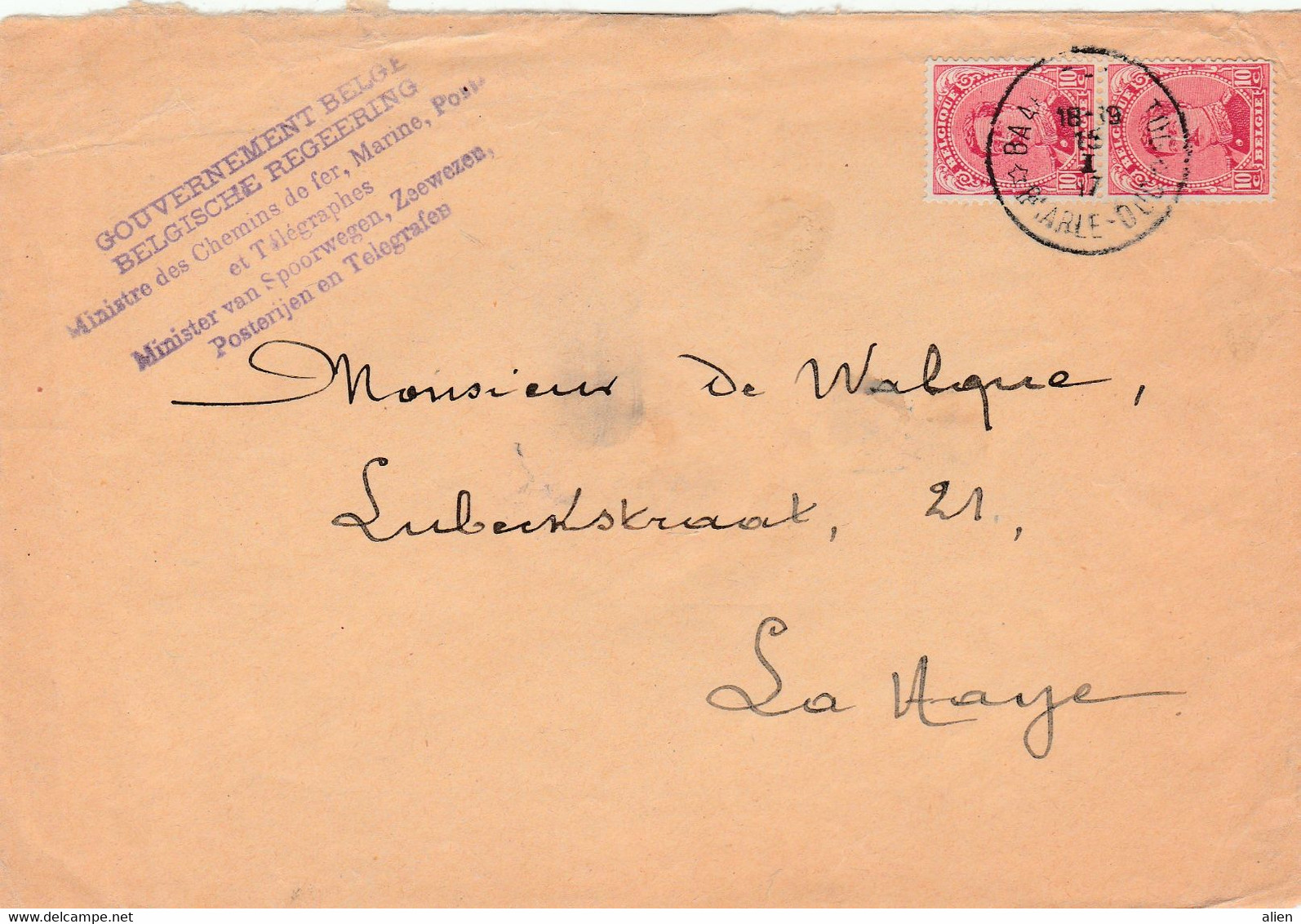 Briefvoorzijde (Devant) 10ct X 2 Baarle-Hertog 1917 Naar Den Haag - Minister Van Spoorwegen,Zeewezen.... - Belgisch Leger
