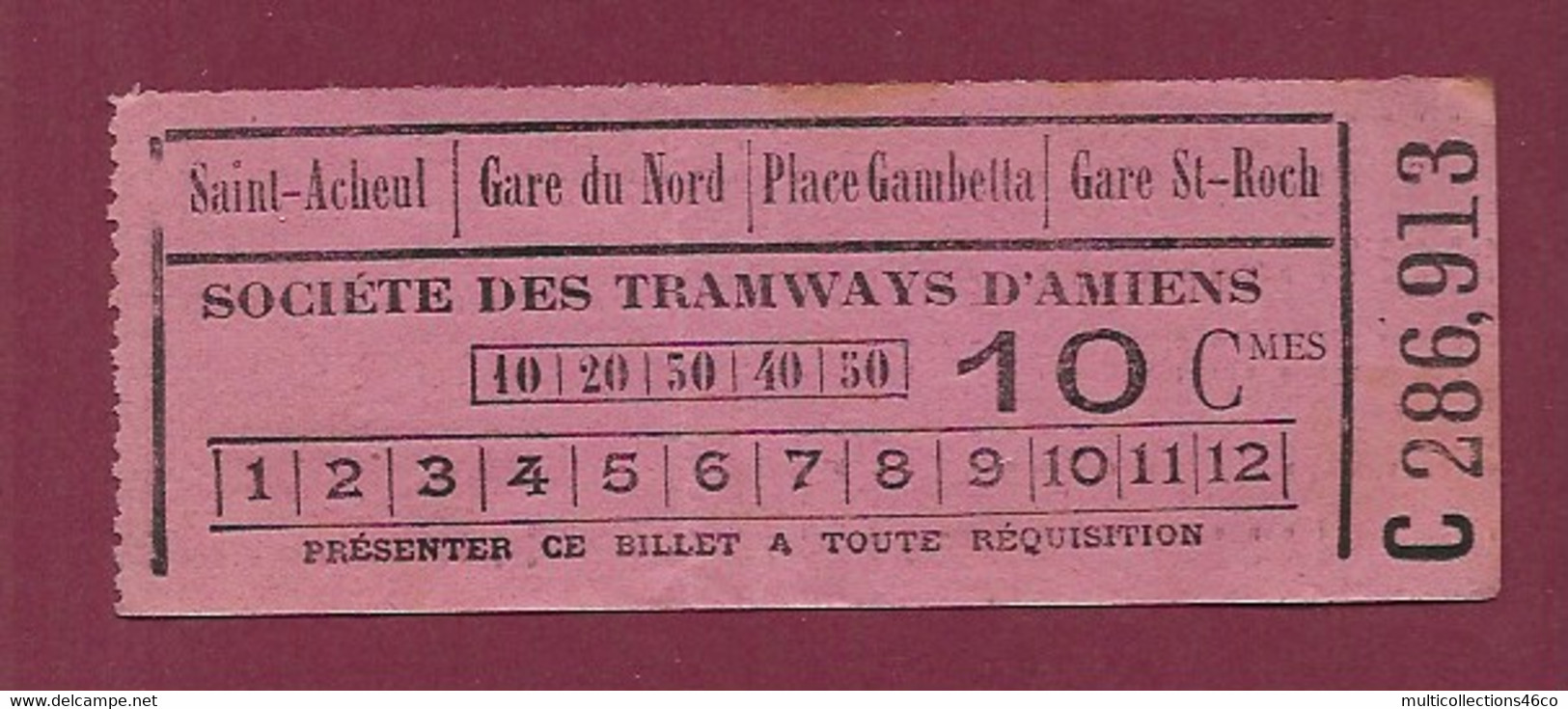 140121 TICKET CHEMIN DE FER TRAM METRO - C286913 Société Tramways AMIENS 10 Cmes Saint Acheul Gare Du Nord Gare St Roch - Europa