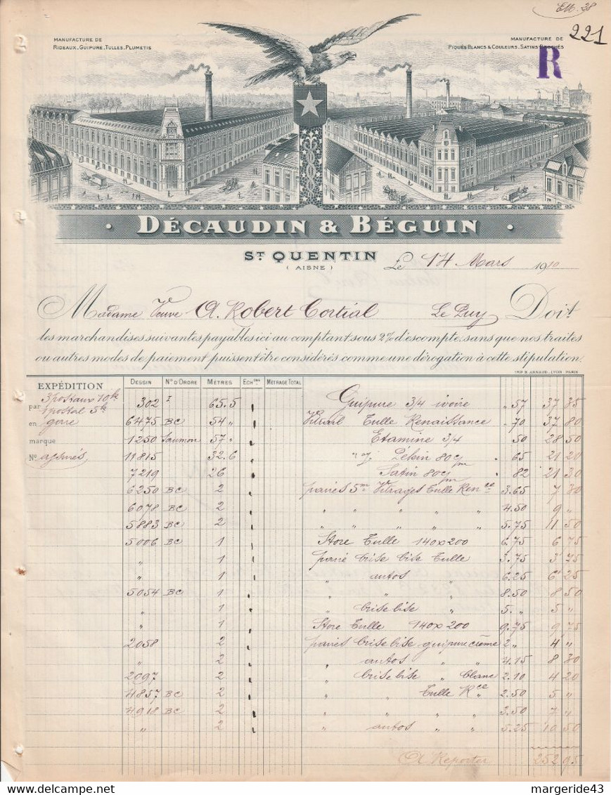 FACTURE DECAUDUN & BEGUIN RIDEAUX GUIPURE à SAINT QUENTIN AISNE 1910 - 1900 – 1949