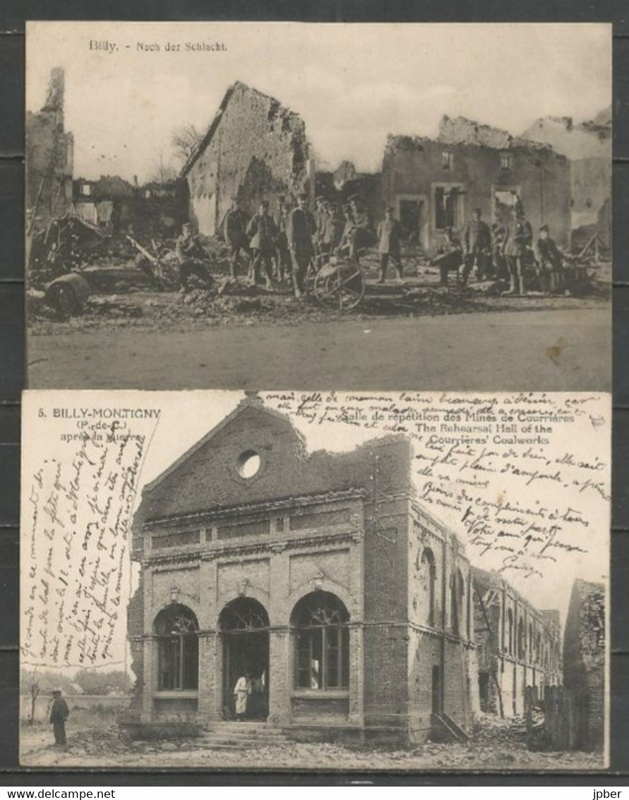 France - BILLY-MONTIGNY - 2 CP - Ruines, Salle De Répétition Des Mines De Courrières, Soldats Allemands - Sonstige & Ohne Zuordnung