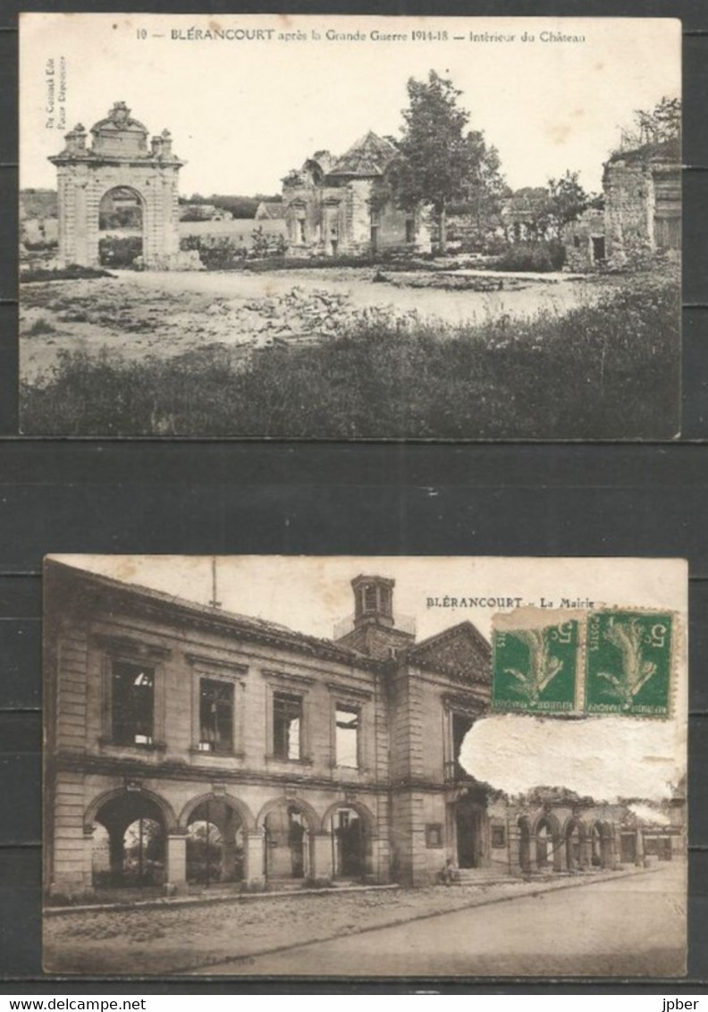 France - BLERANCOURT - 2 CP - Ruines Intérieur Du Château, De La Mairie (déchirure) - Otros & Sin Clasificación