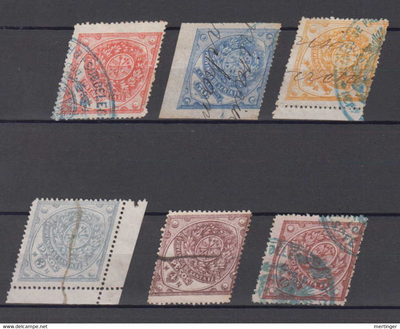 Argentina Santa Fe 6 Used Revenue Stamps Ca 1885 With Peso Values  Rhombus Perforation - Collections, Lots & Séries