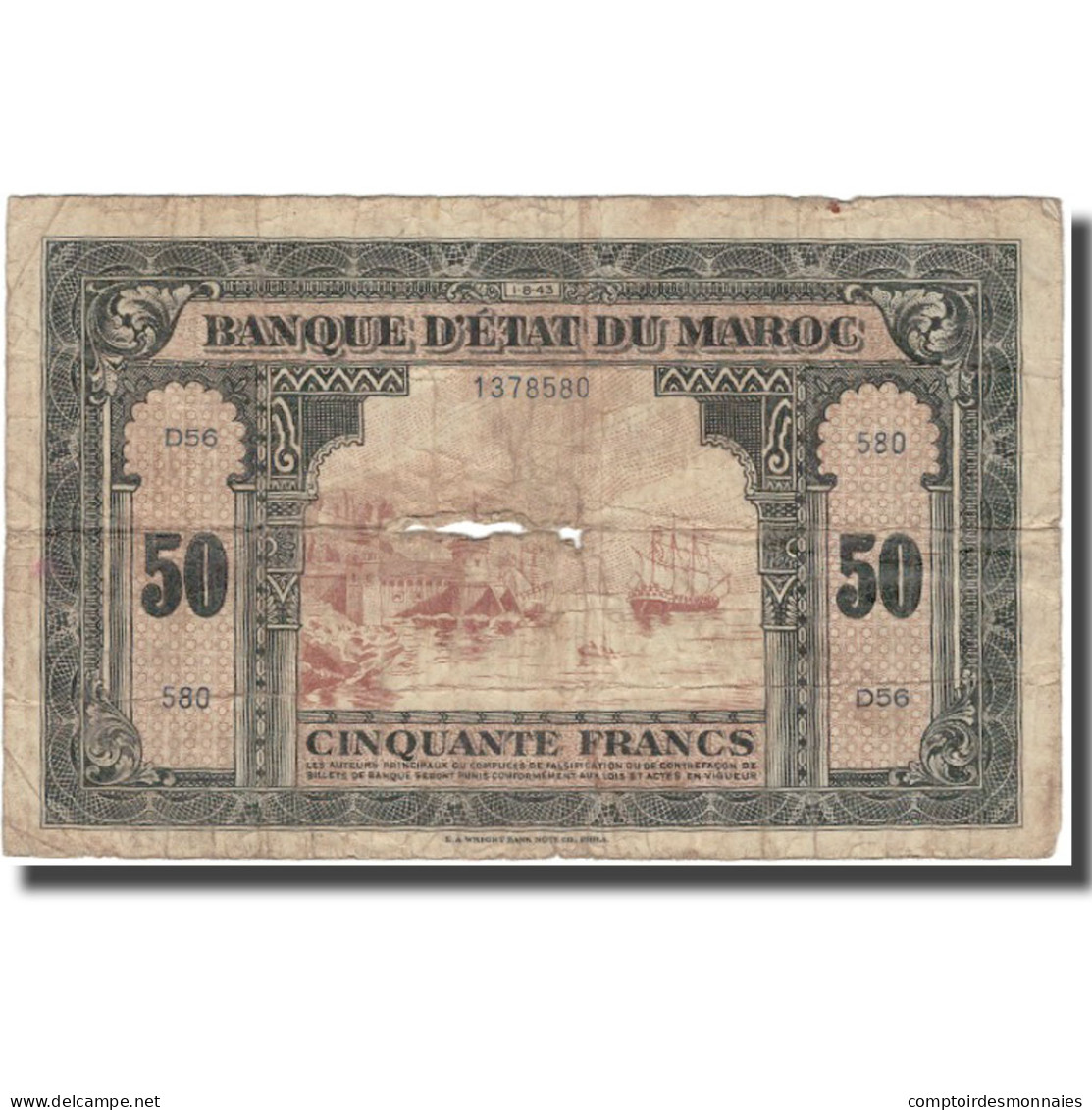 Billet, Maroc, 50 Francs, 1943, 1943-08-01, KM:26a, B+ - Morocco