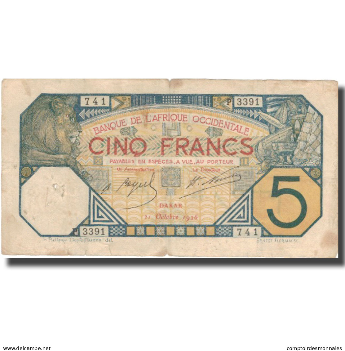 Billet, French West Africa, 5 Francs, 1926, 1926-02-17, KM:5Bc, TB - États D'Afrique De L'Ouest