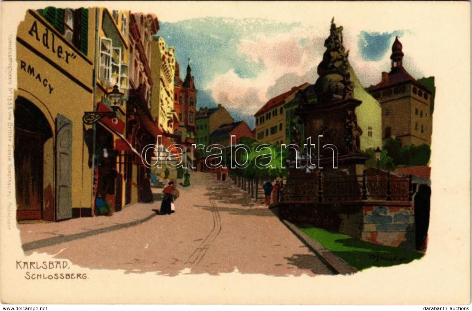 ** T1 Karlovy Vary, Karlsbad; Schlossberg, Adler Farmacy / Street, Pharmacy. Kuenstlerpostkarte No. 1555. Von Ottmar Zie - Unclassified