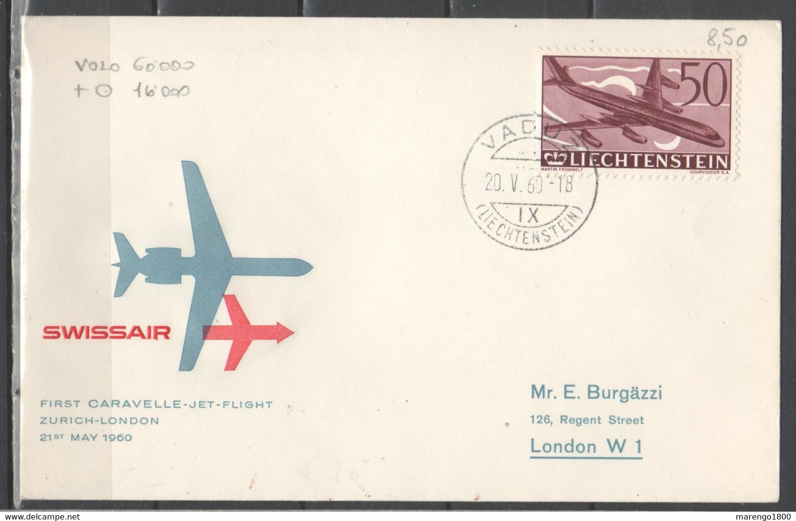 Liechtenstein 1960 - Posta Aerea 50 R. Su Busta Primo Volo Caravelle Zurigo-Londra          (g7122) - Altri & Non Classificati