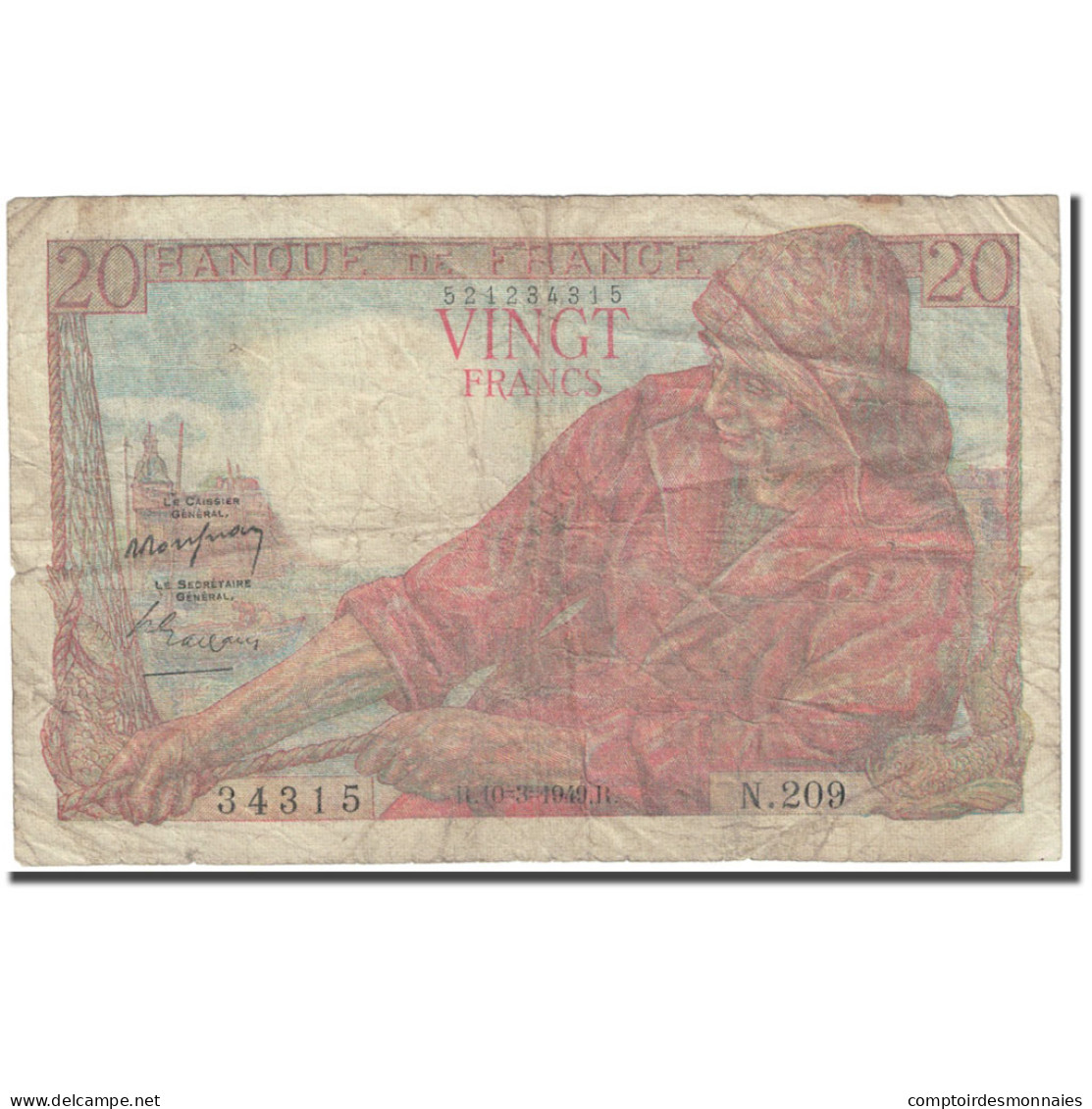 France, 20 Francs, Pêcheur, 1949, 1949-03-10, B, Fayette:13.14, KM:100c - 20 F 1942-1950 ''Pêcheur''