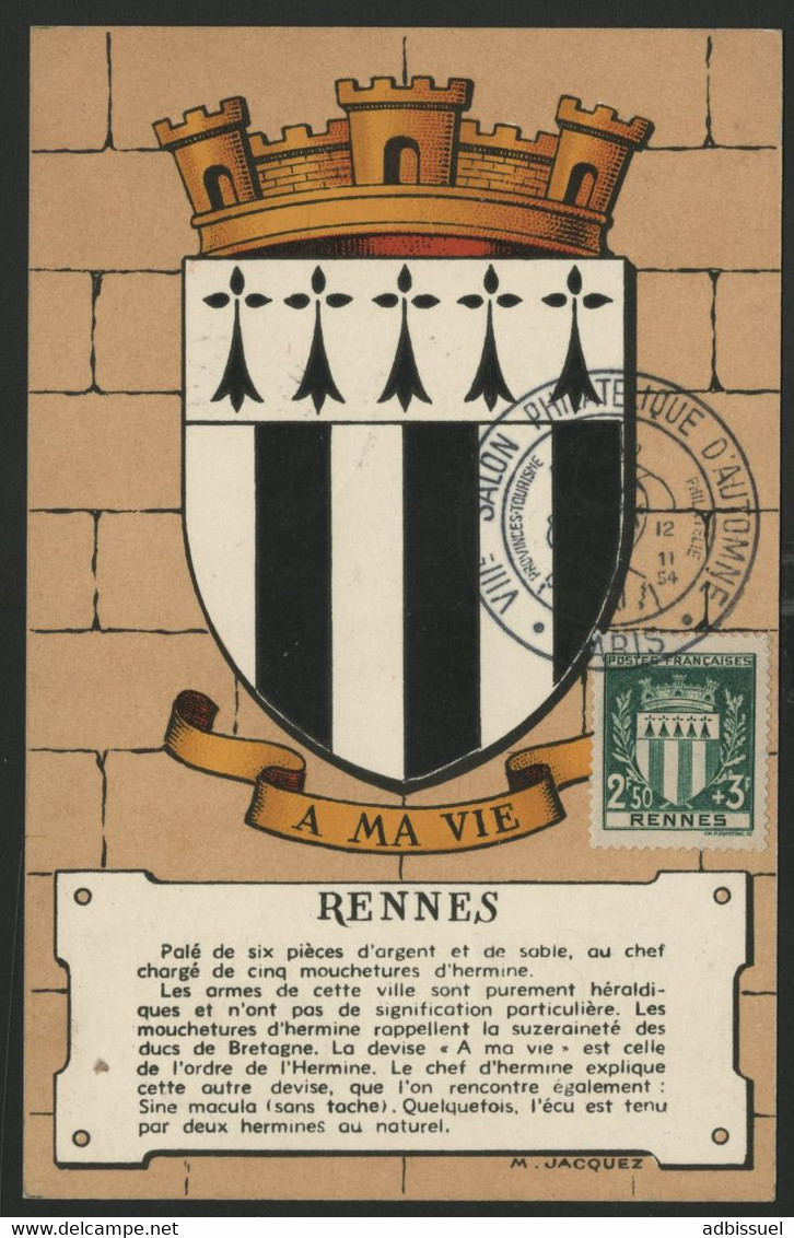 FRANCE N° 534 BLASON DE RENNES SUR CARTE MAXIMUM EN 1954 (voir Description) - 1940-1949