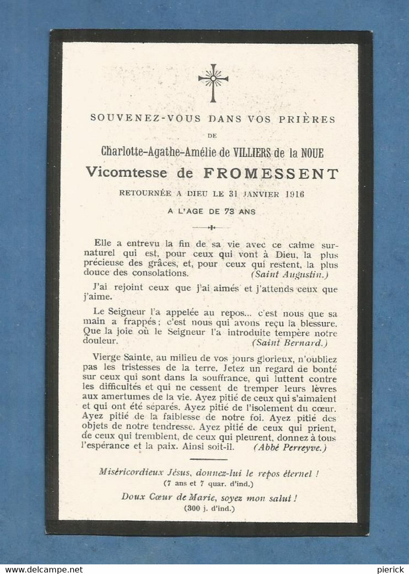 Image GENEALOGIE FAIRE PART DECES NOBLESSE VICOMTESSE DE FROMESSENT DE VILLIERS DE LA NOUE 1916 - Avvisi Di Necrologio