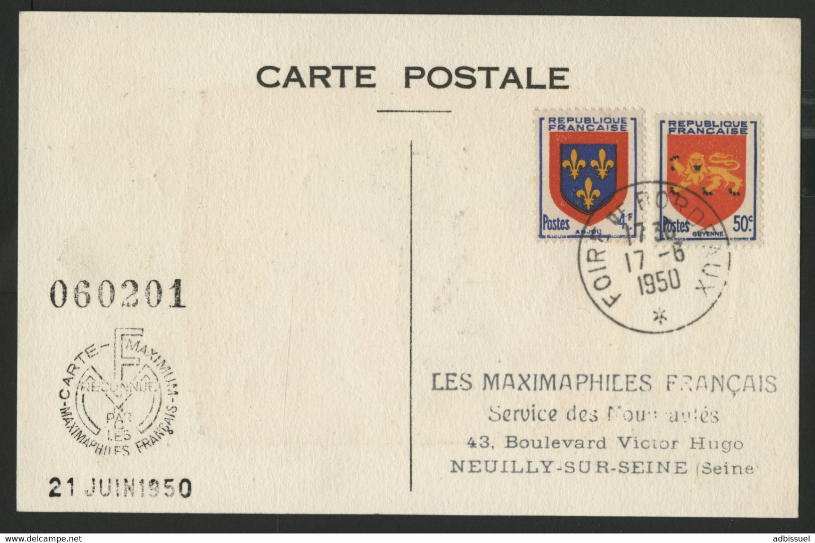 FRANCE N° 835 ARMOIRIES DE GUYENNE SUR CARTE MAXIMUM EN 1950 (voir Description) - 1940-1949