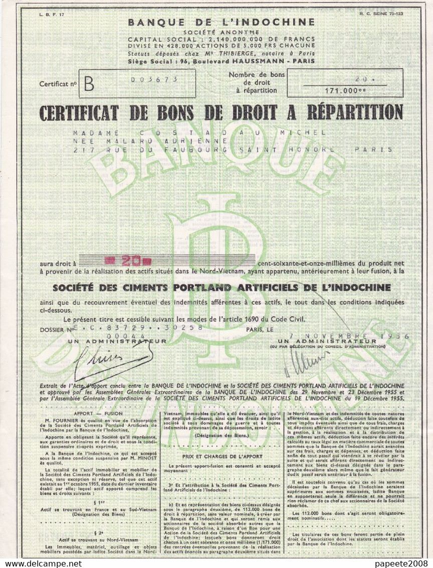 Indochine - Sté Des Ciments Portland Artificiels De L'Indochine - Certifcat De Bons De Droit à Répartition - Asien