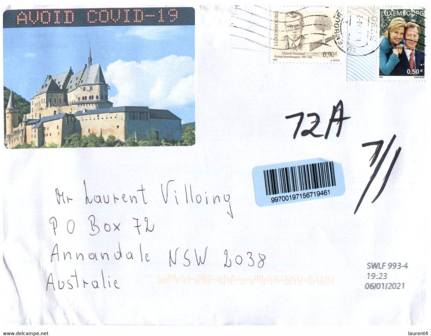 (EE 24) (Australia) COVID-19 Pademic Related - Letter Posted From Luxembour To Australia (with Royalty Stamps) - Lettres & Documents