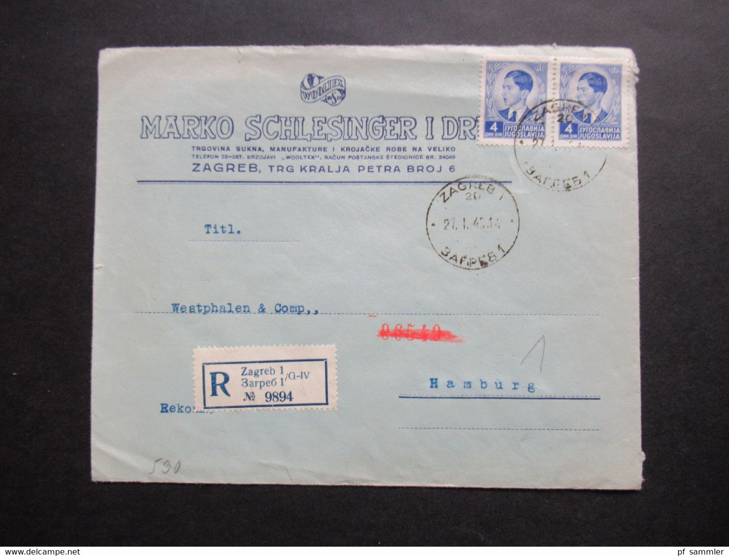 Jugoslawien 1940 Zensurbeleg / OKW Zensur Einschreiben Zagreb 1 Nach Hamburg Umschlag Marko Schlesinger - Brieven En Documenten