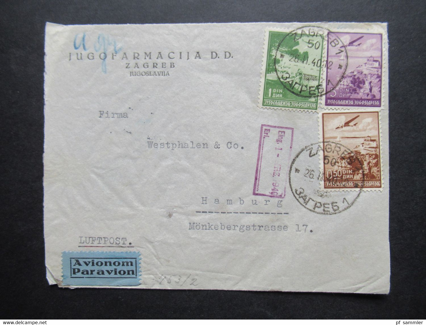 Jugoslawien 1940 Zensurbeleg / OKW Zensur / Mehrfachzensur Luftpost Jugofarmacija D.D. An Westphalen & Co. In Hamburg - Cartas & Documentos