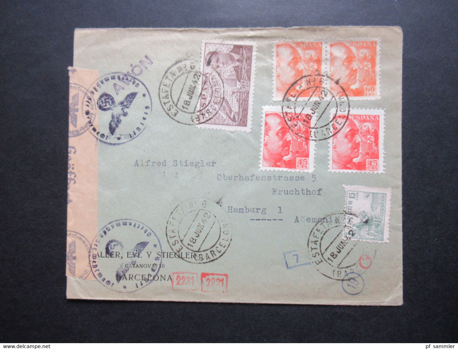 Spanien 1942 Zensurbeleg / OKW Zensur / Mehrfachzensur Viele Stempel! Barcelona Befreiungsstempel / Propaganda - Storia Postale