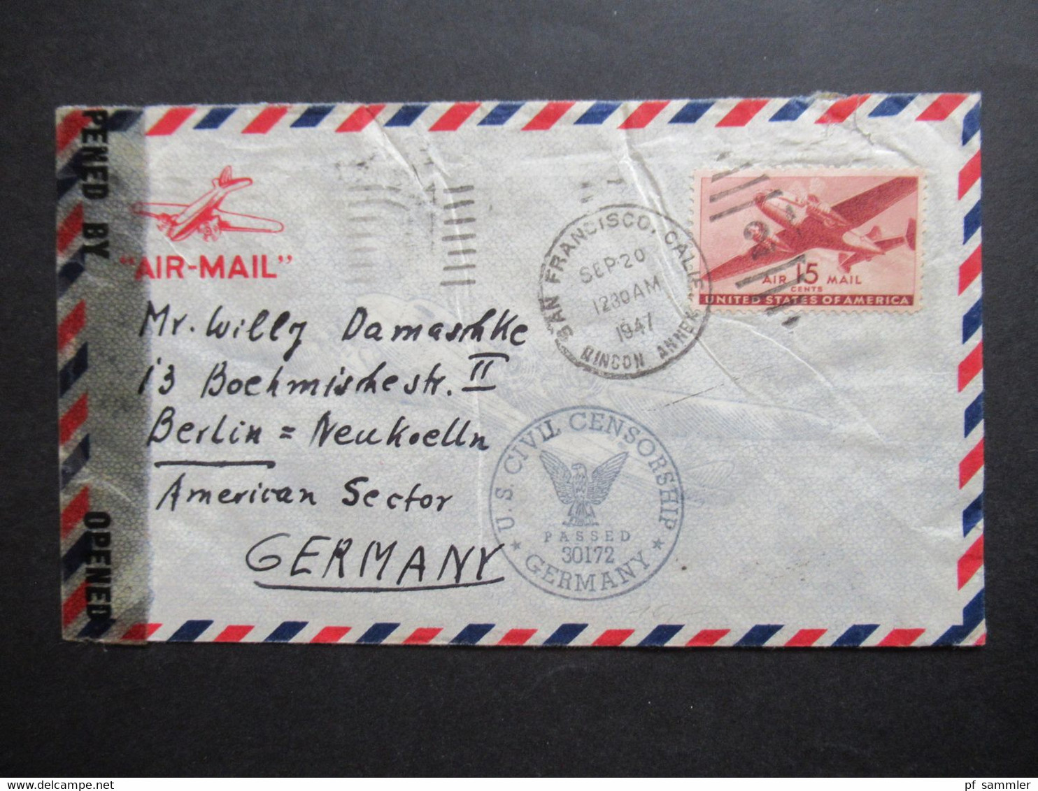 USA 1947 Zensurbeleg Air Mail Nach Berlin Neukölln US Civil Censorship Passed 30172 Und Verschlussstreifen Opened By - Storia Postale