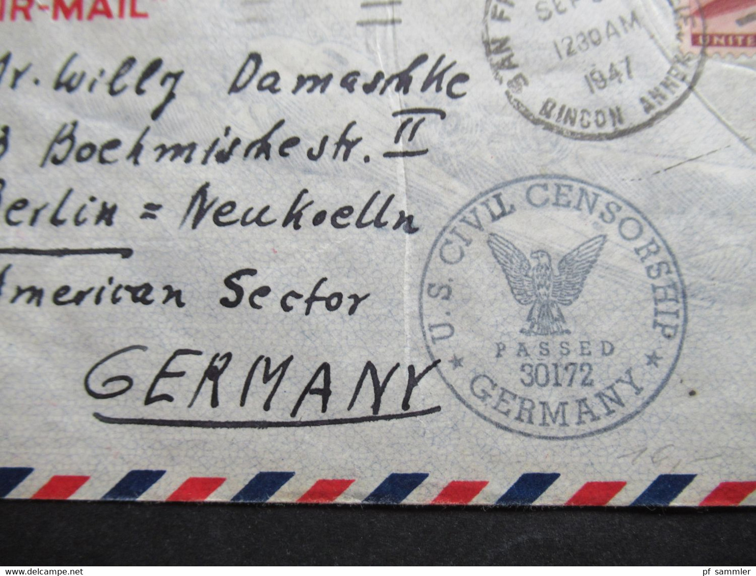 USA 1947 Zensurbeleg Air Mail Nach Berlin Neukölln US Civil Censorship Passed 30172 Und Verschlussstreifen Opened By - Lettres & Documents