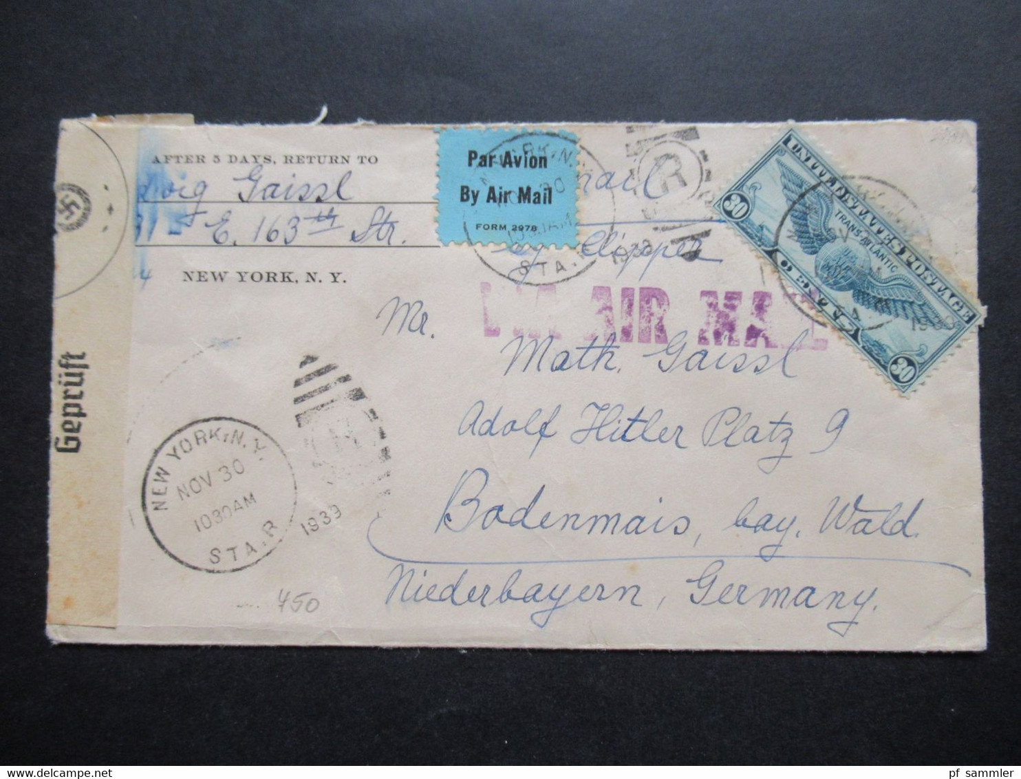 USA 1939 Zensurbeleg Air Mail By Clipper OKW Zensur Nach Bodenmais Adolf Hitler Platz 9 Flugpostmarke Trans Atlantic - Brieven En Documenten