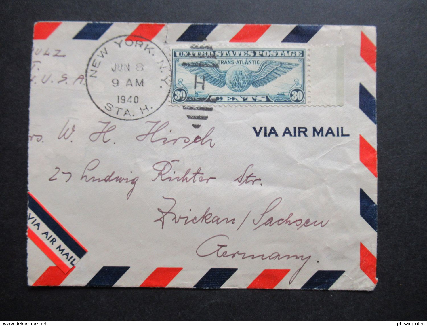 USA 1940 Zensurbeleg Air Mail Flugpost OKW Zensur Flugpostmarke Trans Atlantic Nr. 450 EF Randstück - Storia Postale