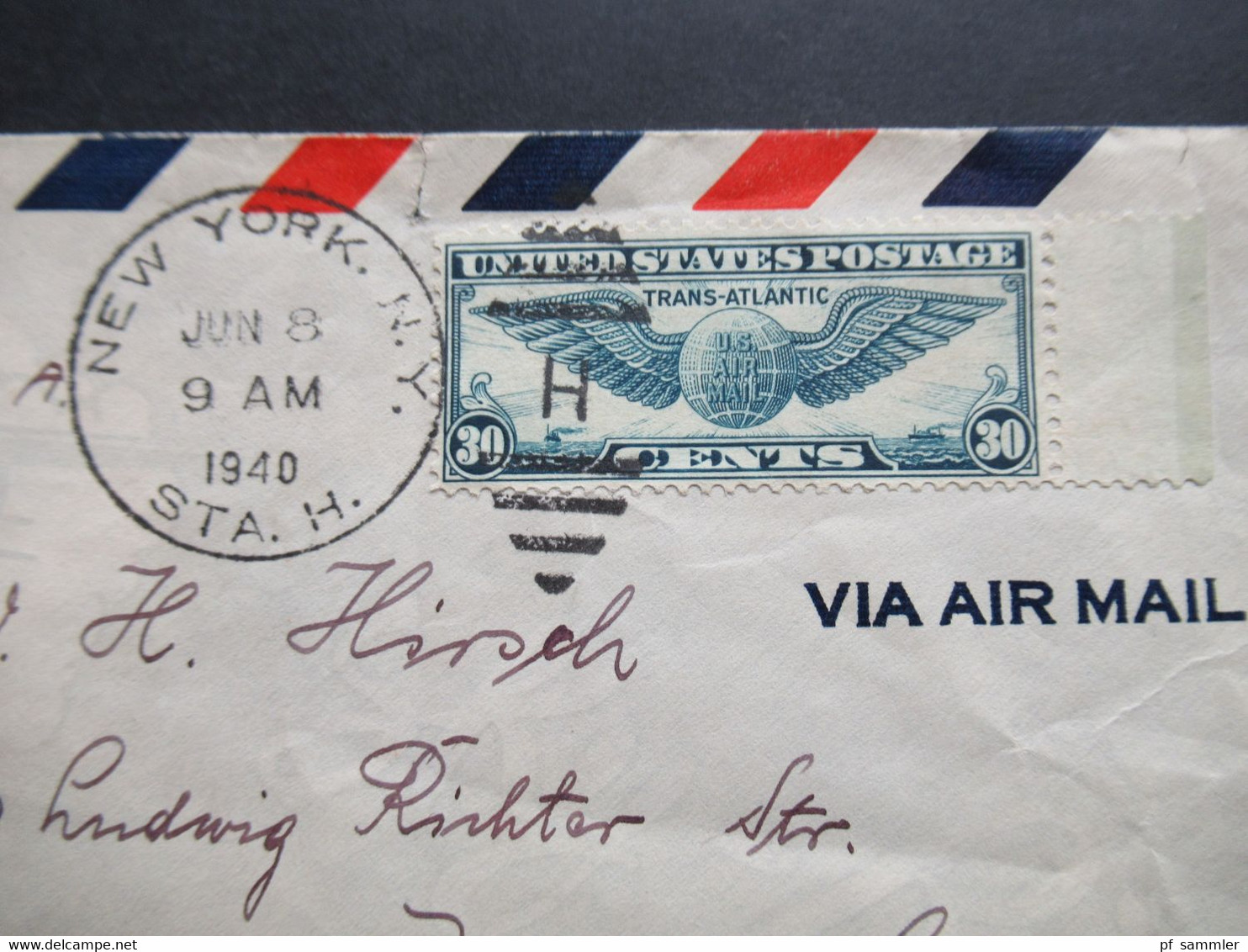 USA 1940 Zensurbeleg Air Mail Flugpost OKW Zensur Flugpostmarke Trans Atlantic Nr. 450 EF Randstück - Brieven En Documenten