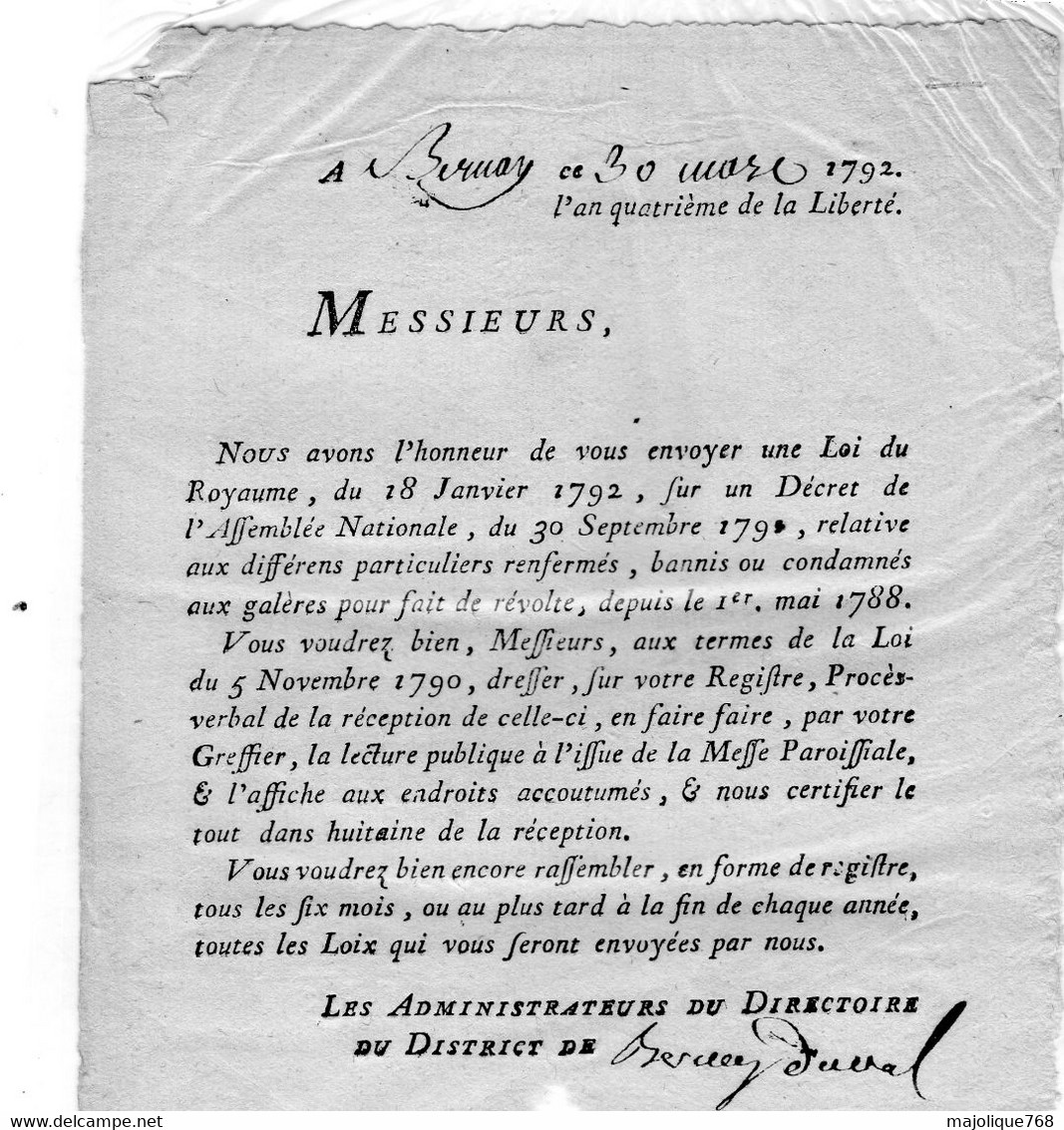 Lettre Envoyé Par L'Assemblé Nationale Le 30 Mars 1792 L'an Quatrième De La Liberté , à L'administrateur De Bernay - - Décrets & Lois