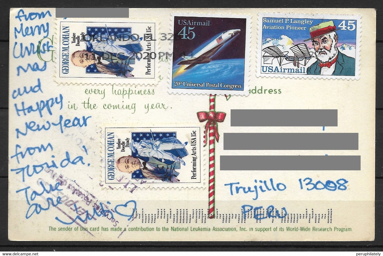 USA POSTCARD WITH AVIATION , SPACE SHUTTLE &  MOVIE STAMPS SENT TO PERU - Souvenirkaarten