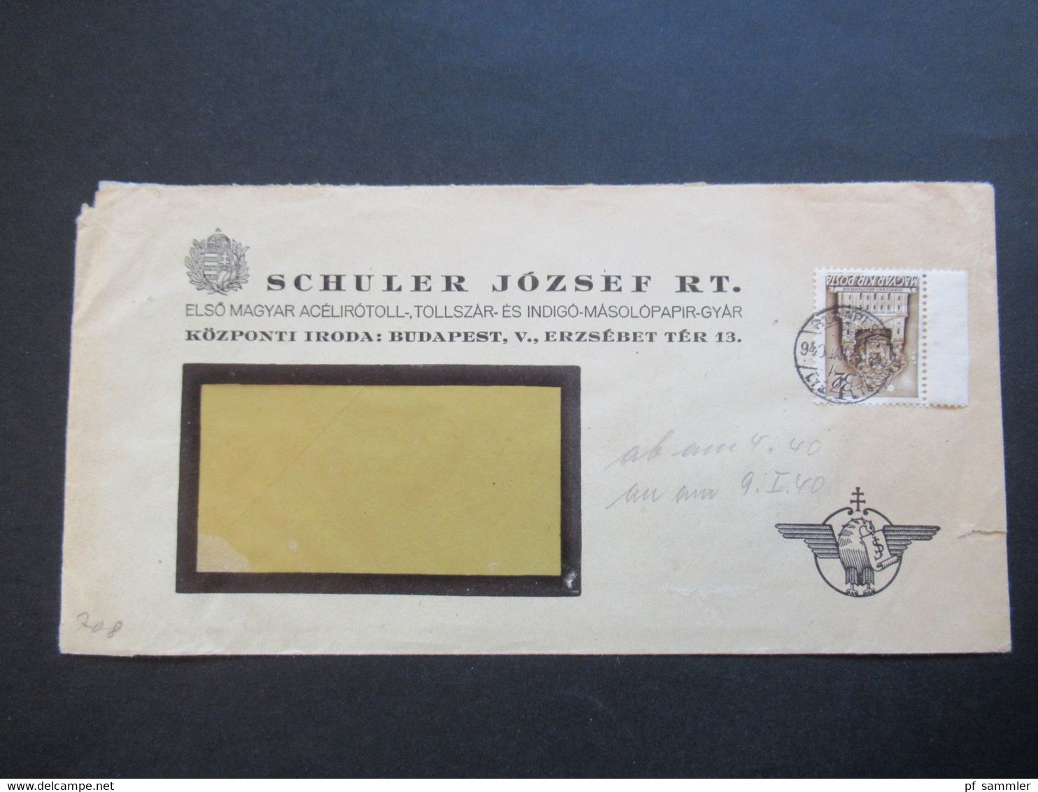 Ungarn 1940 Zensurbeleg OKW Zensurstreifen Geprüft Marke Mit Perfin / Firmenlochung Umschlag Schuler Jozsef RT. Budapest - Cartas & Documentos