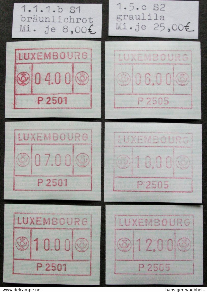 Luxemburg 2 ATM-Sätze ** Postfrisch: 1x 1.1.1b S1 Bräunlichrot 4-7-10 & 1x 1.5.c S2 Graulila 6-10-12. Mi. 33,00 €. - Postage Labels