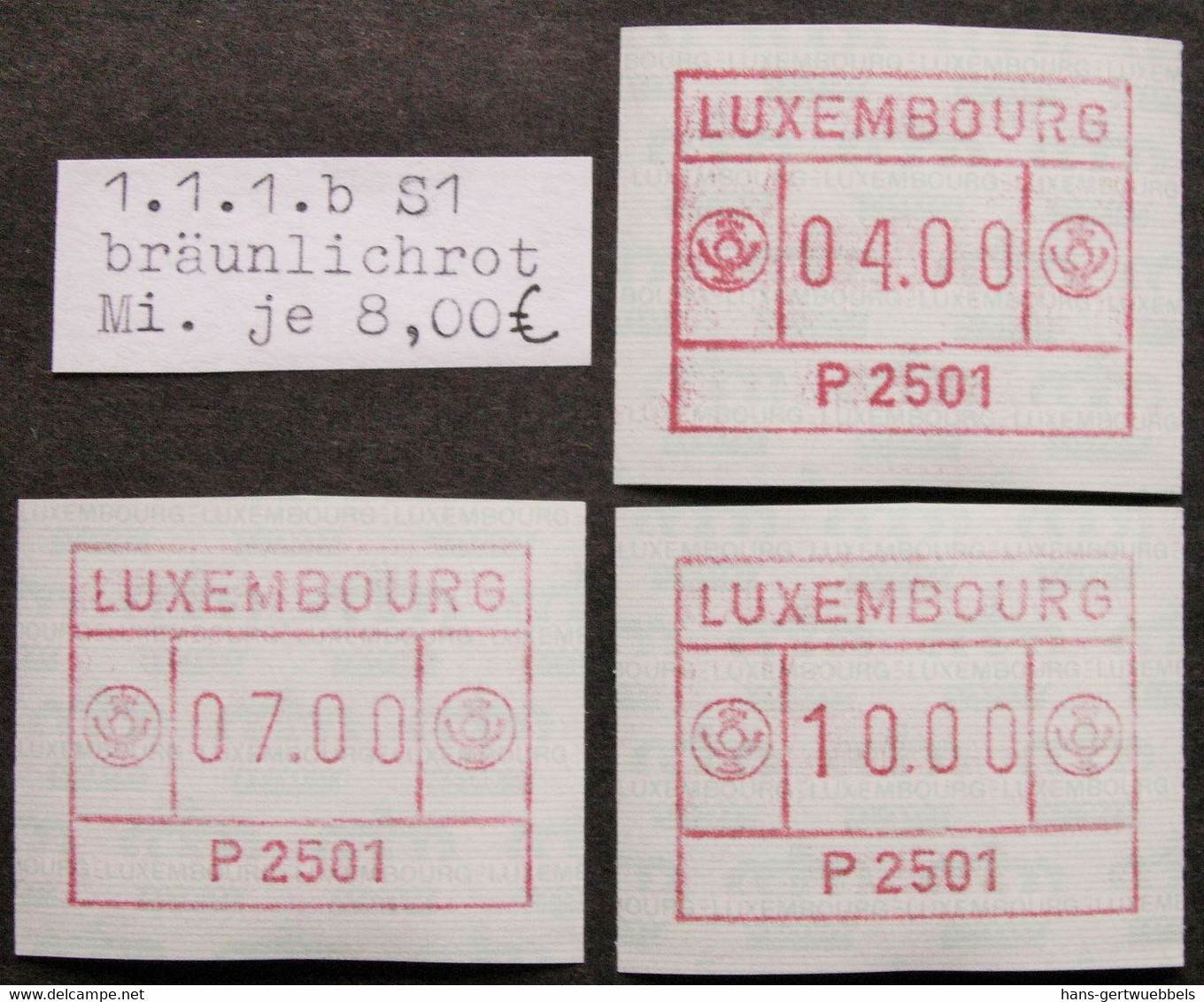 Luxemburg 2 ATM-Sätze ** Postfrisch: 1x 1.1.1b S1 Bräunlichrot 4-7-10 & 1x 1.5.c S2 Graulila 6-10-12. Mi. 33,00 €. - Automatenmarken