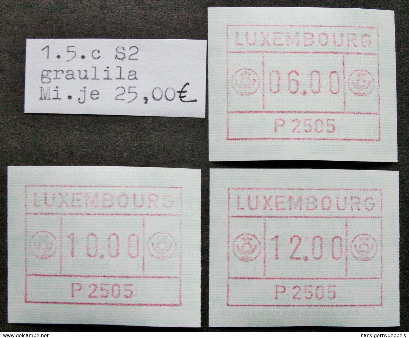 Luxemburg 2 ATM-Sätze ** Postfrisch: 1x 1.1.1b S1 Bräunlichrot 4-7-10 & 1x 1.5.c S2 Graulila 6-10-12. Mi. 33,00 €. - Automatenmarken