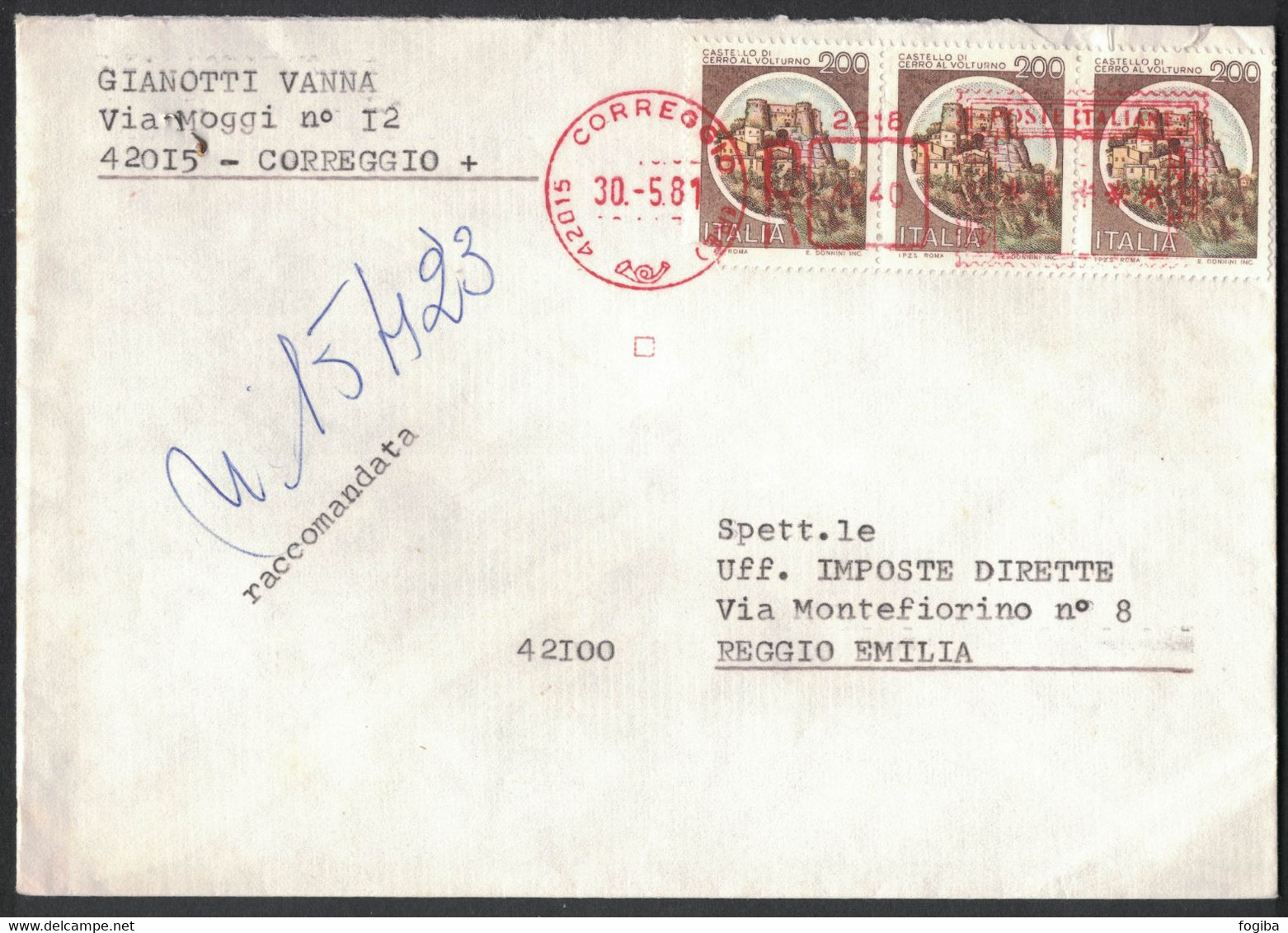 IK168     Storia Postale 1983 Racc. Da Correggio  Per Reggio Emilia Striscia Castelli £.200 - 1981-90: Marcofilia