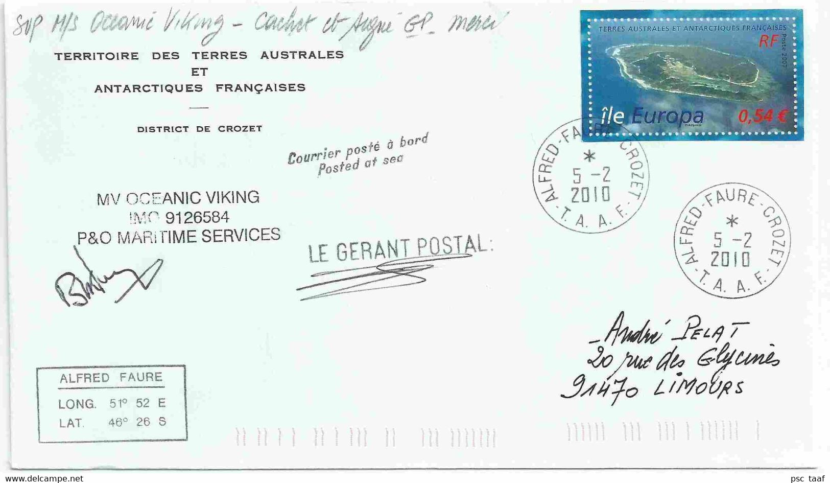 YT 476 - île Europa - Lettre Postée à Bord De L'Oceanic Viking -Gérant Postal D'Alfred Faure - Crozet - 29/11/2008 - Lettres & Documents